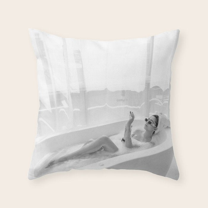 How to live, die, & stay cool in L.A. - Young woman in sunglasses taking a bath black and white photograph - photography - photographs Throw Pillow Gallery Image 6