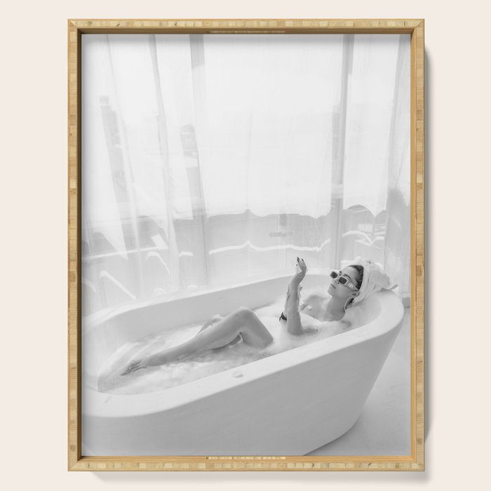 How to live, die, & stay cool in L.A. - Young woman in sunglasses taking a bath black and white photograph - photography - photographs Serving Tray Gallery Image 1
