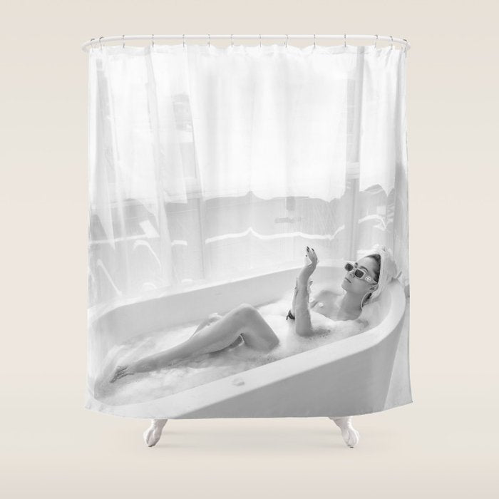 How to live, die, & stay cool in L.A. - Young woman in sunglasses taking a bath black and white photograph - photography - photographs Shower Curtain Gallery Image 1