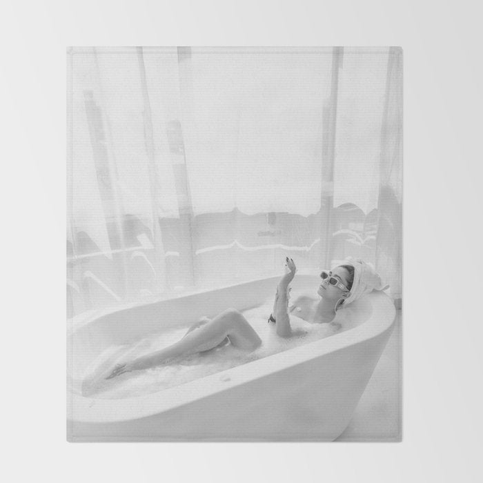 How to live, die, & stay cool in L.A. - Young woman in sunglasses taking a bath black and white photograph - photography - photographs Throw Blanket Gallery Image 2