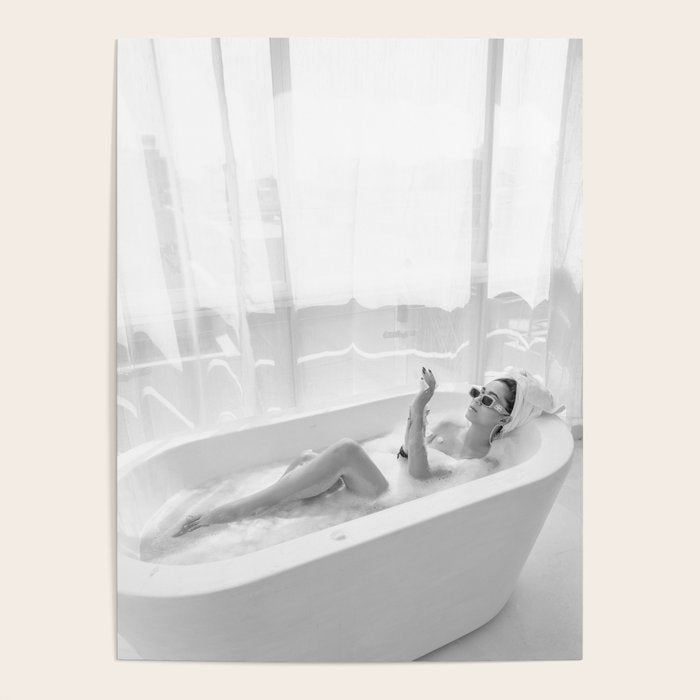 How to live, die, & stay cool in L.A. - Young woman in sunglasses taking a bath black and white photograph - photography - photographs Poster Gallery Image 1