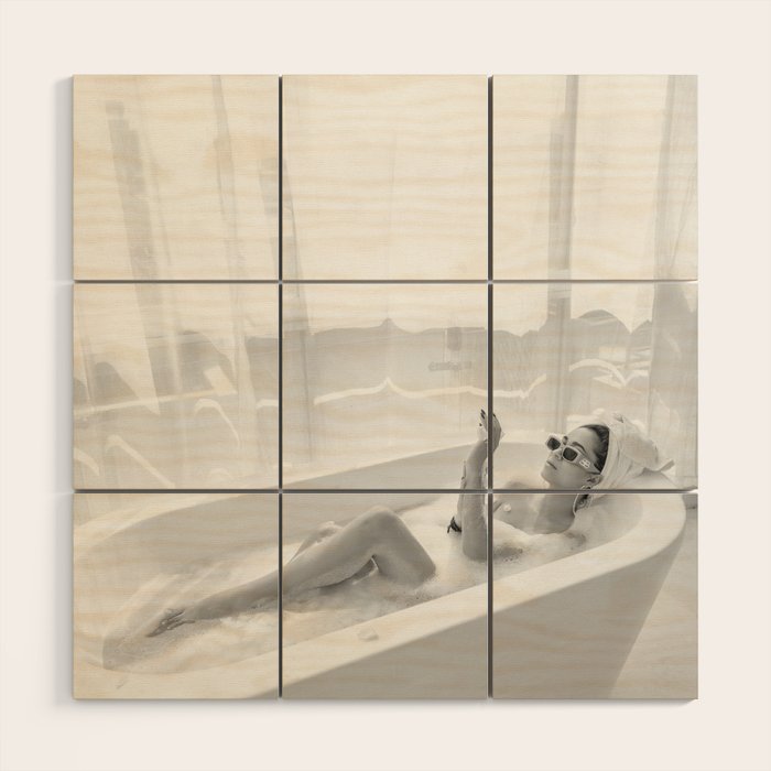 How to live, die, & stay cool in L.A. - Young woman in sunglasses taking a bath black and white photograph - photography - photographs Wood Wall Art Gallery Image 1