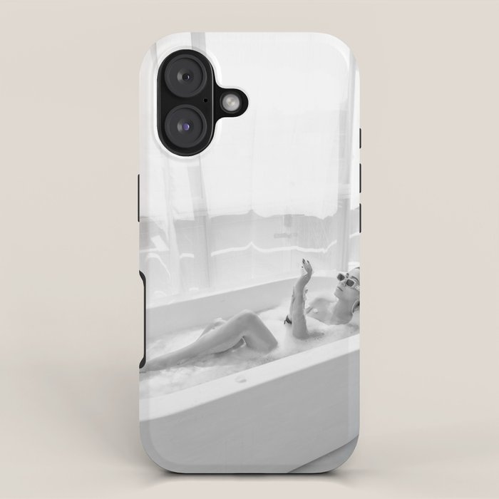 How to live, die, & stay cool in L.A. - Young woman in sunglasses taking a bath black and white photograph - photography - photographs iPhone Case Gallery Image 1
