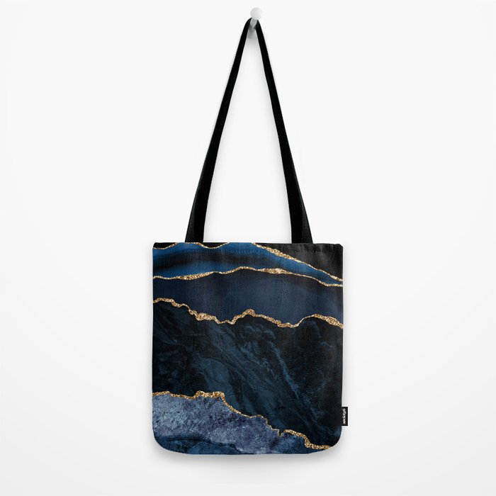 Navy Blue Gold Agate Geode Stone Jewel Pattern Tote Bag Gallery Image 2
