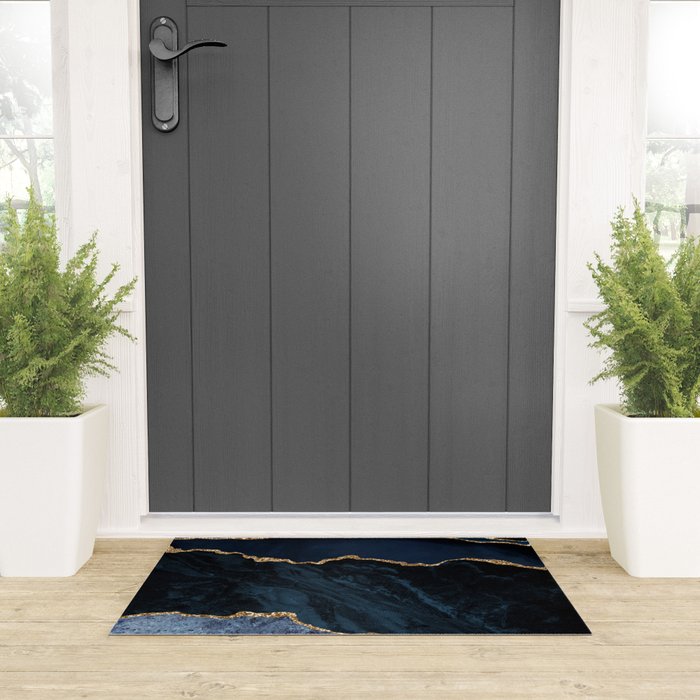 Navy Blue Gold Agate Geode Stone Jewel Pattern Welcome Mat Gallery Image 3