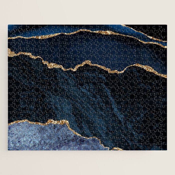 Navy Blue Gold Agate Geode Stone Jewel Pattern Jigsaw Puzzle Gallery Image 1