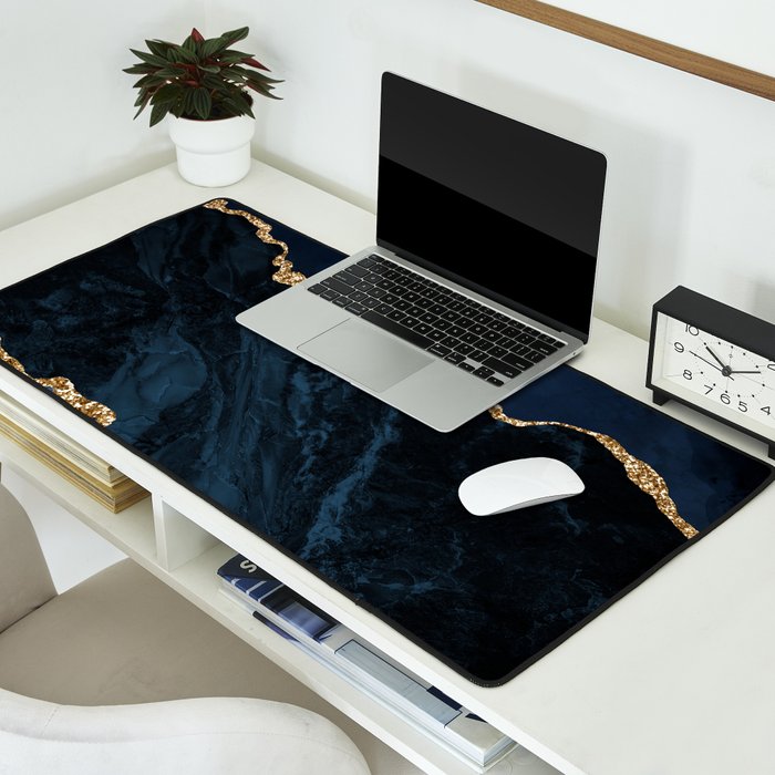 Navy Blue Gold Agate Geode Stone Jewel Pattern Desk Mat Gallery Image 2