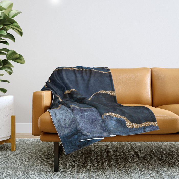 Navy Blue Gold Agate Geode Stone Jewel Pattern Throw Blanket Gallery Image 1