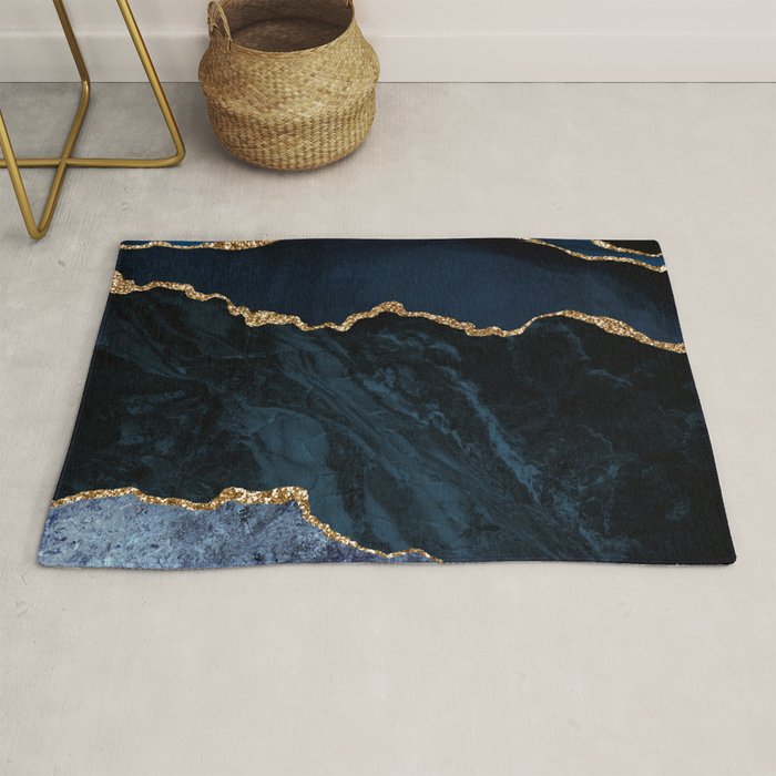 Navy Blue Gold Agate Geode Stone Jewel Pattern Rug Gallery Image 1
