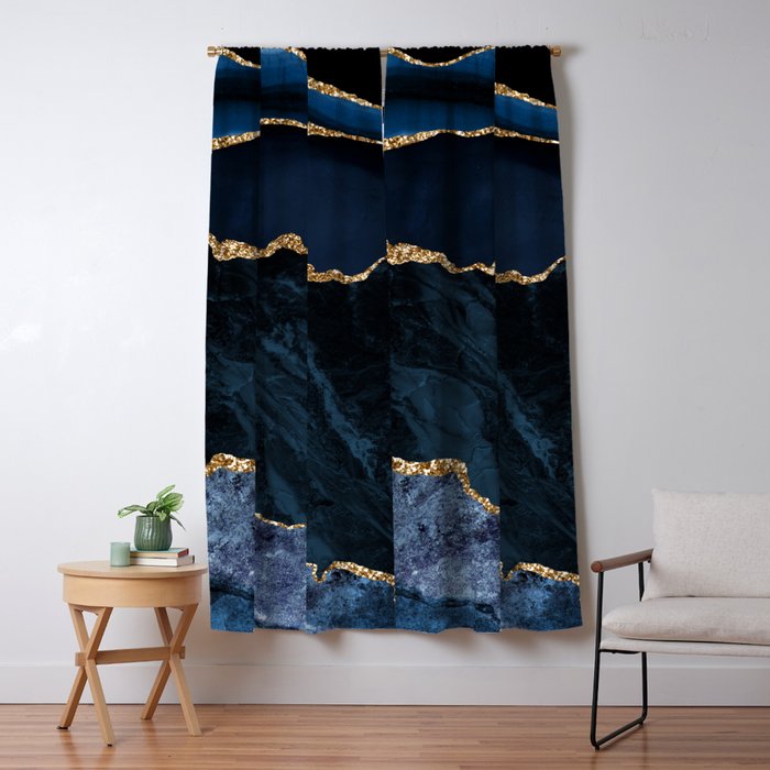 Navy Blue Gold Agate Geode Stone Jewel Pattern Window Curtain Gallery Image 1