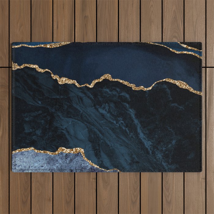 Navy Blue Gold Agate Geode Stone Jewel Pattern Outdoor Rug Gallery Image 1