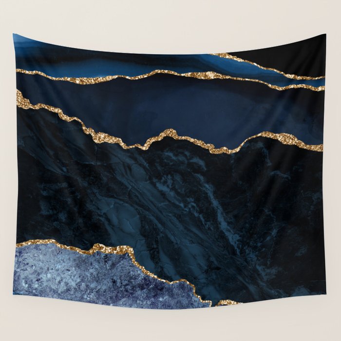 Navy Blue Gold Agate Geode Stone Jewel Pattern Wall Tapestry Gallery Image 1