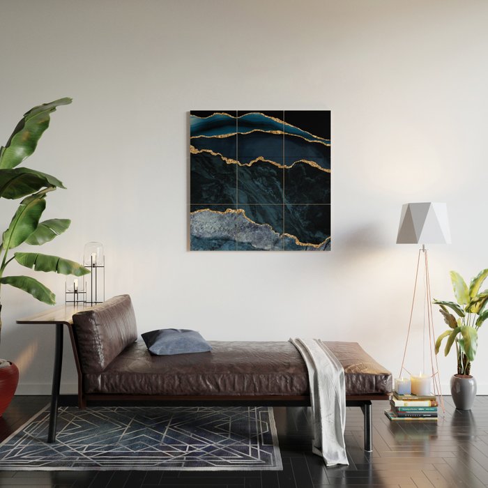 Navy Blue Gold Agate Geode Stone Jewel Pattern Wood Wall Art Gallery Image 2