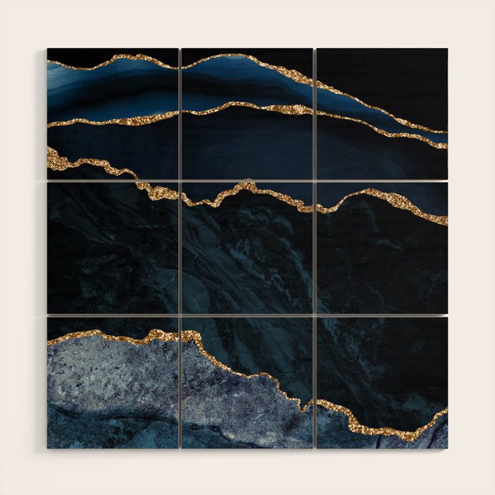 Navy Blue Gold Agate Geode Stone Jewel Pattern Wood Wall Art Gallery Image 1