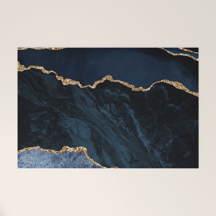 Navy Blue Gold Agate Geode Stone Jewel Pattern Welcome Mat