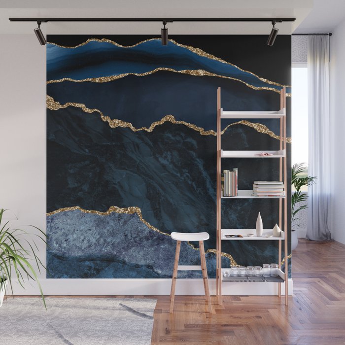Navy Blue Gold Agate Geode Stone Jewel Pattern Wall Mural Gallery Image 1