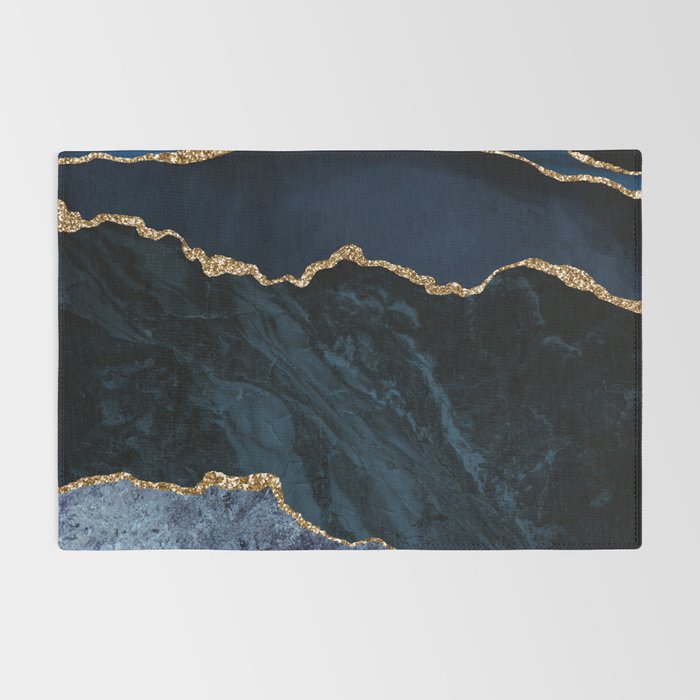 Navy Blue Gold Agate Geode Stone Jewel Pattern Rug Gallery Image 2