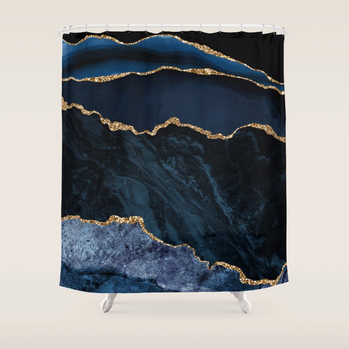 Navy Blue Gold Agate Geode Stone Jewel Pattern Shower Curtain Gallery Image 1