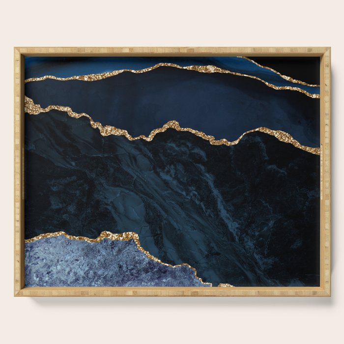 Navy Blue Gold Agate Geode Stone Jewel Pattern Serving Tray Gallery Image 1