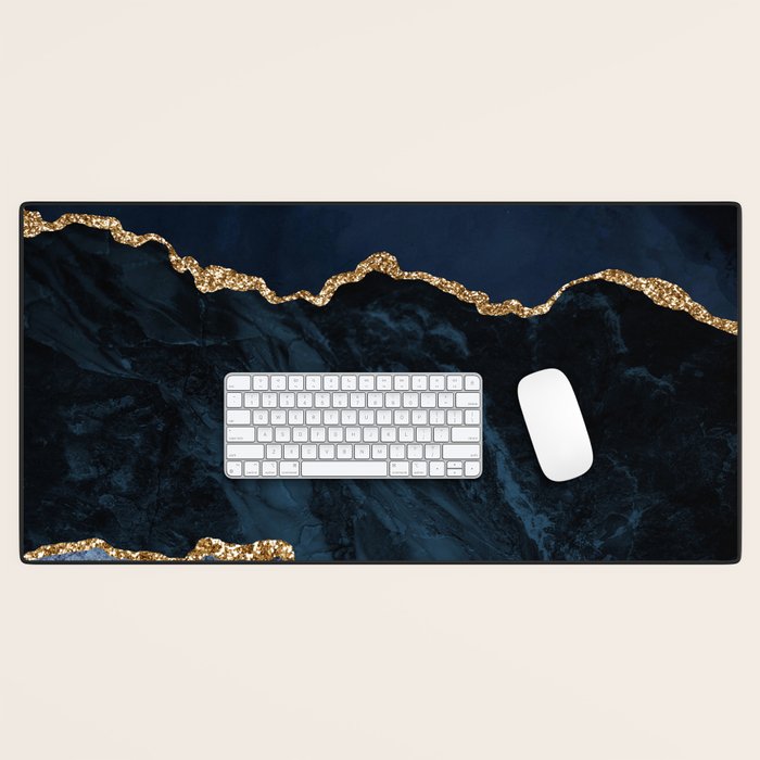 Navy Blue Gold Agate Geode Stone Jewel Pattern Desk Mat Gallery Image 1