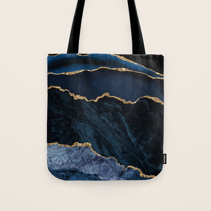 Navy Blue Gold Agate Geode Stone Jewel Pattern Tote Bag Gallery Image 1