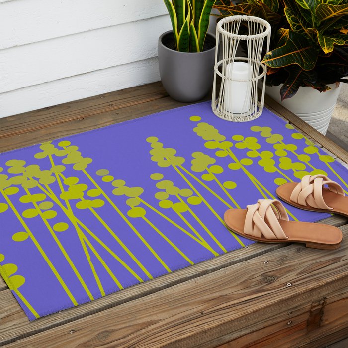 Hello Spring! Baby Green Retro Plants on Summer Purple Lilac #decor #society6 #buyart Outdoor Rug Gallery Image 2