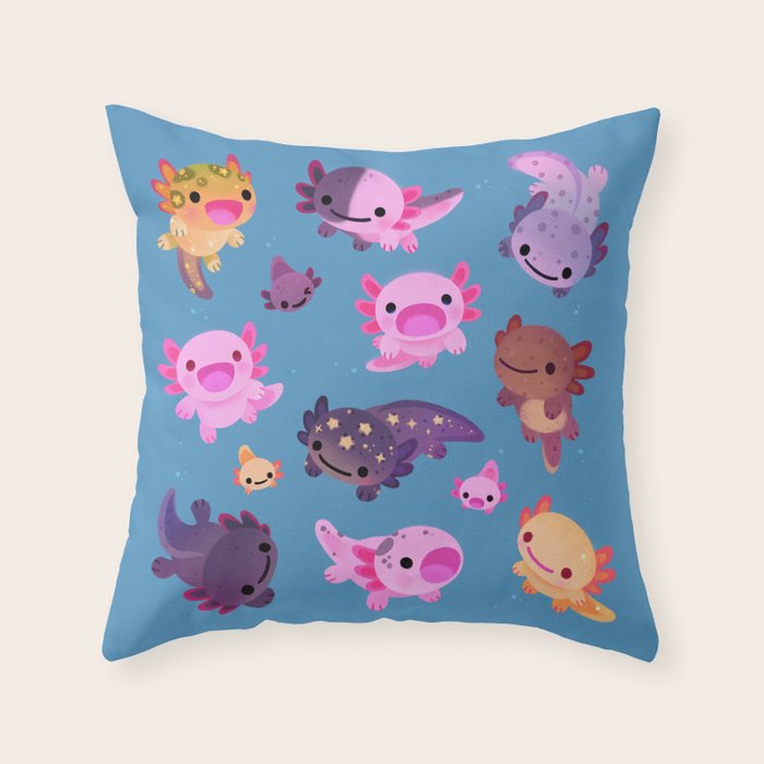 Happy axolotl - blue Throw Pillow Gallery Image 1