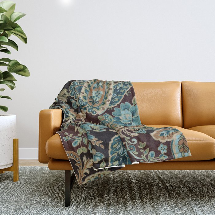 Brown Turquoise Paisley Floral Throw Blanket Gallery Image 1