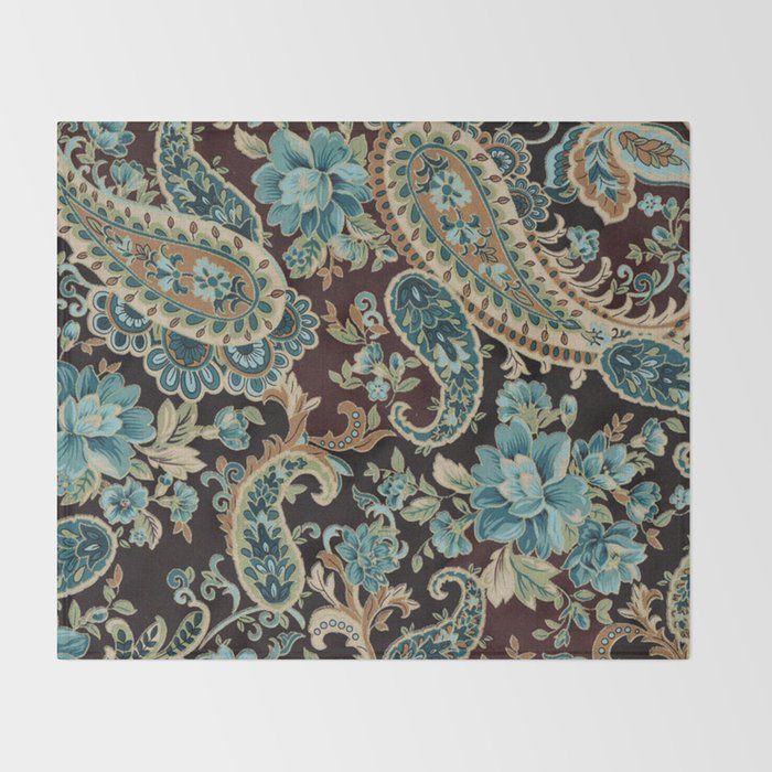 Brown Turquoise Paisley Floral Throw Blanket Gallery Image 2