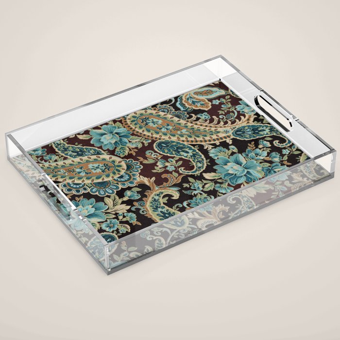 Brown Turquoise Paisley Floral Acrylic Tray Gallery Image 1