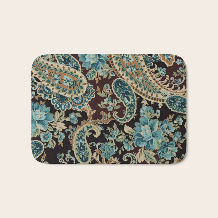 Brown Turquoise Paisley Floral Bath Mat Gallery Image 1