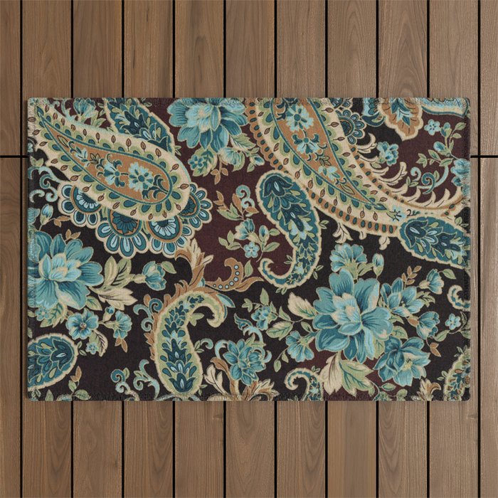 Brown Turquoise Paisley Floral Outdoor Rug Gallery Image 1