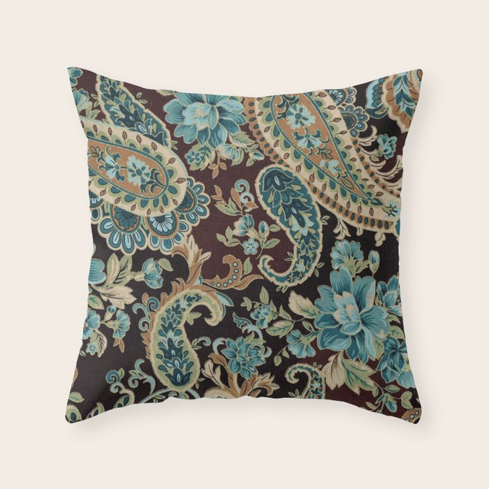 Brown Turquoise Paisley Floral Throw Pillow Gallery Image 6