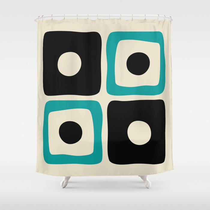 Mid Century Modern Square Dot Pattern 593 Black and Turquoise Shower Curtain Gallery Image 1