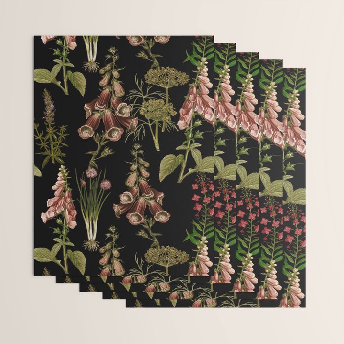 Vintage Botanical Springflowers And Herbs Midnight Garden Wrapping Paper Gallery Image 3