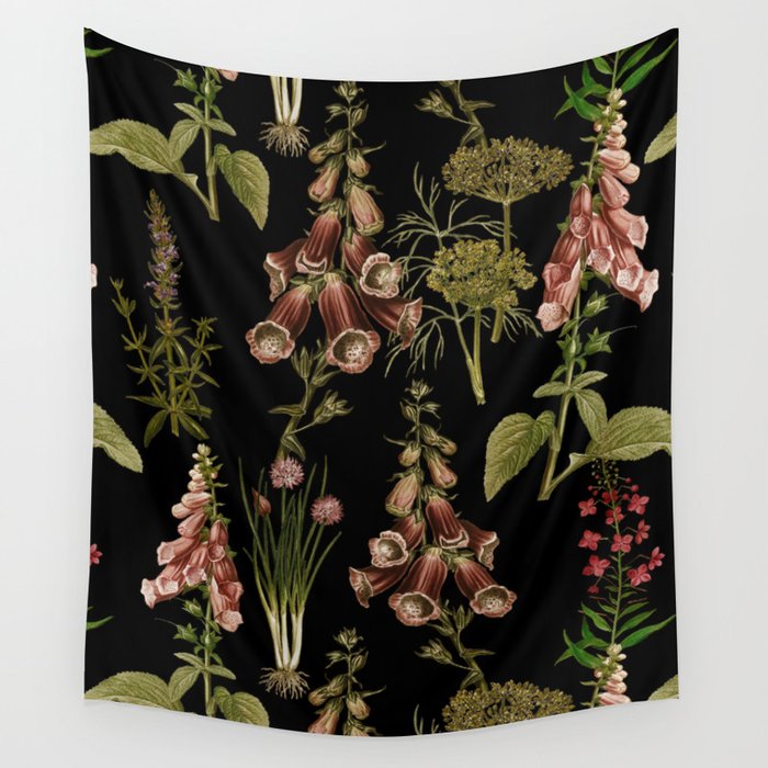 Vintage Botanical Springflowers And Herbs Midnight Garden Wall Tapestry Gallery Image 4