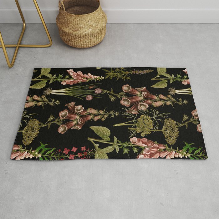 Vintage Botanical Springflowers And Herbs Midnight Garden Rug Gallery Image 1