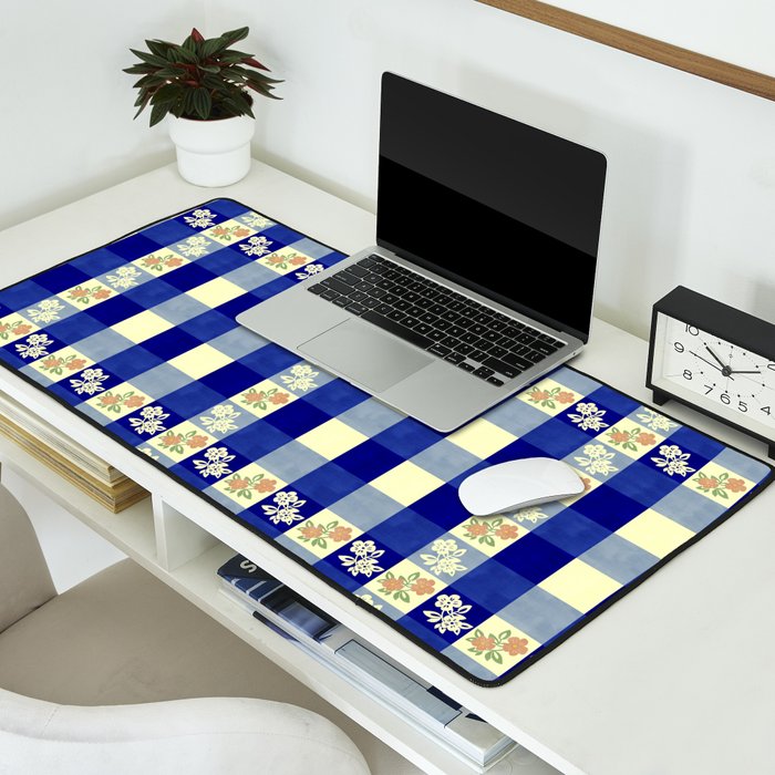 Vintage Blue Gingham with Flowers Desk Mat Gallery Image 2