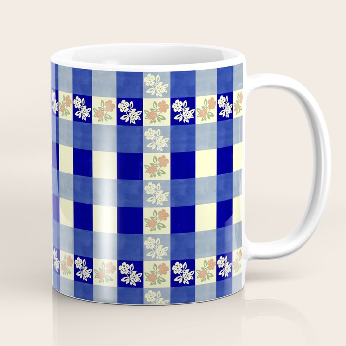 Vintage Blue Gingham with Flowers Coffee Mug Gallery Image 1