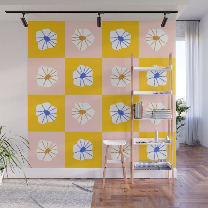 White Checkered Flowers Wall Mural Gallery Image 1