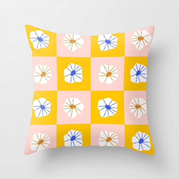 White Checkered Flowers Throw Pillow Gallery Image 1