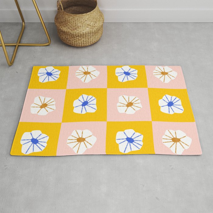 White Checkered Flowers Rug Gallery Image 1