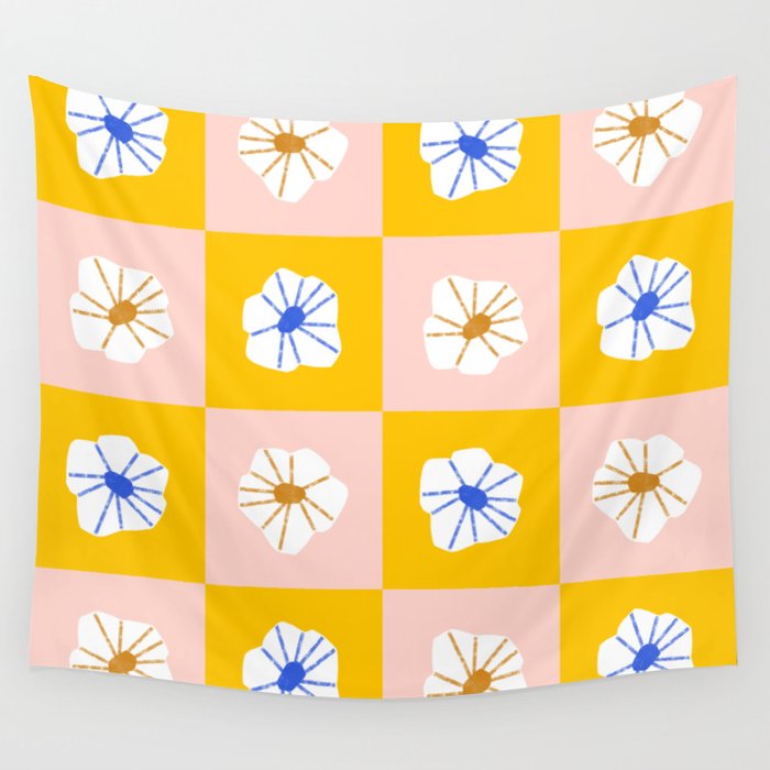 White Checkered Flowers Wall Tapestry Gallery Image 4