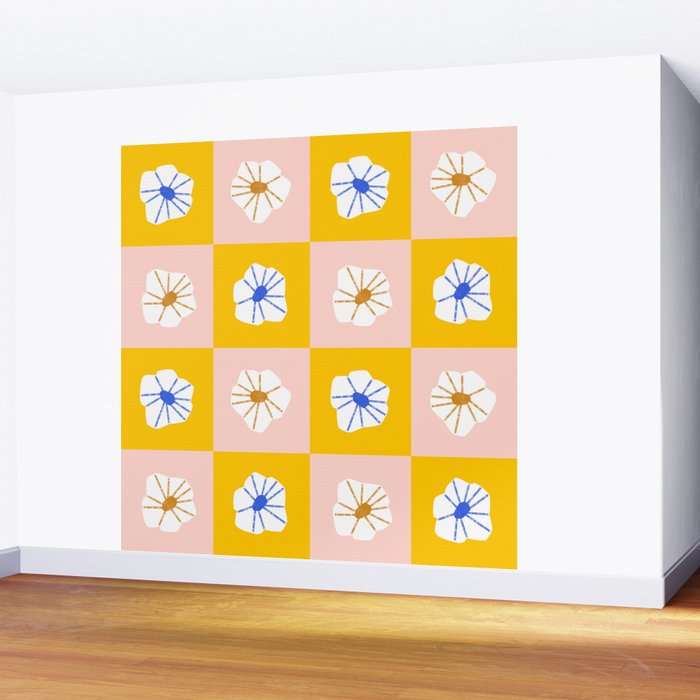 White Checkered Flowers Wall Mural Gallery Image 2