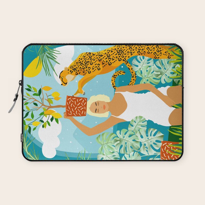 Bring The Jungle Home Illustration, Tropical Cheetah Wild Cat & Woman Painting Laptop Sleeve Gallery Image 1