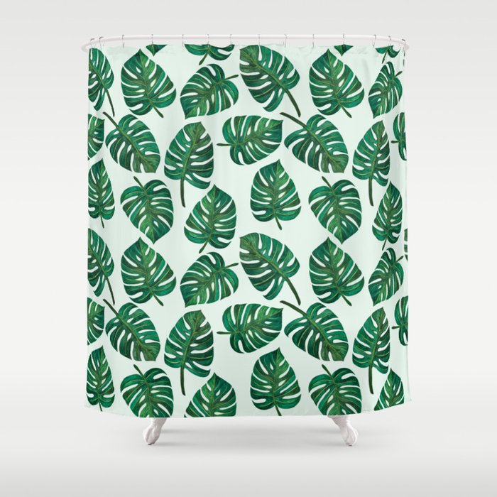 Monstera Watercolor Pattern Shower Curtain Gallery Image 1
