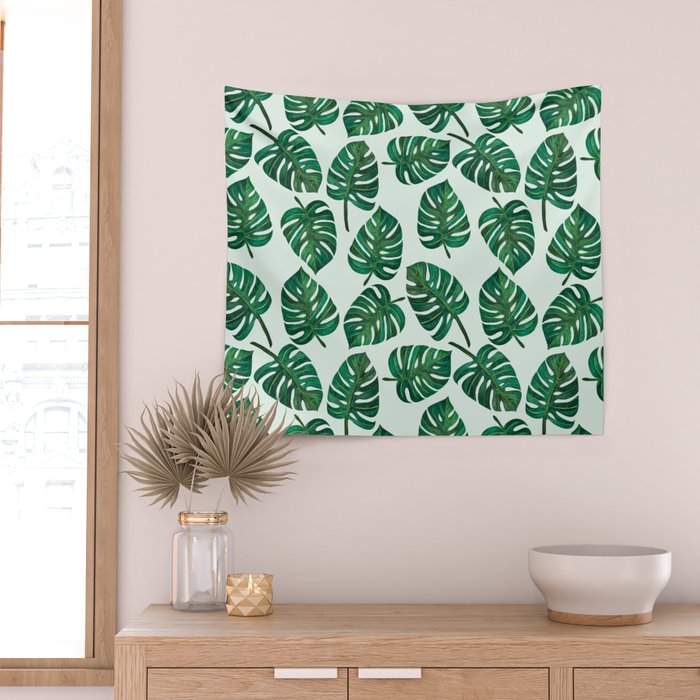 Monstera Watercolor Pattern Wall Tapestry Gallery Image 2