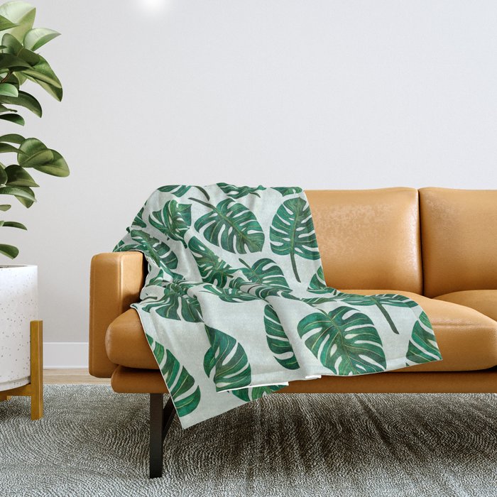Monstera Watercolor Pattern Throw Blanket Gallery Image 1