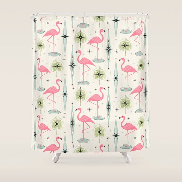 Atomic Flamingo Oasis - Larger Scale ©studioxtine Shower Curtain Gallery Image 1