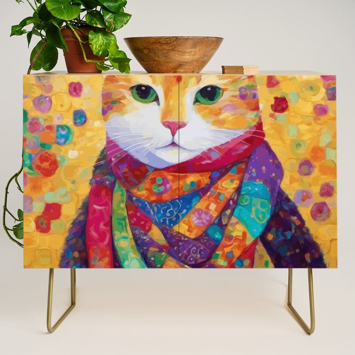Colorful Cat Portrait Painting After Gustav Klimt Credenza Gallery Image 1